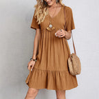 Robe courte trapèze décontractée bohème à col en V pour la plage/les fêtes