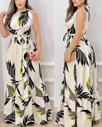 Robe longue décontractée sans manches à imprimé feuilles