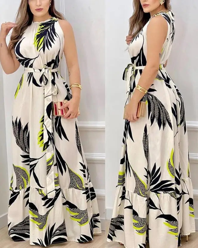 Casual Sleeveless Leaf Print Maxi Dress