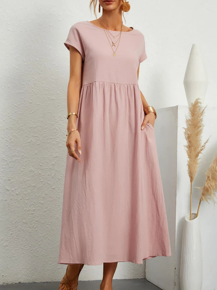 Elegant Short Sleeve Round Neck Maxi Dress