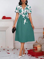 Robe Midi Florale Col V Ceinture Nouée /Décontracté /Mariage