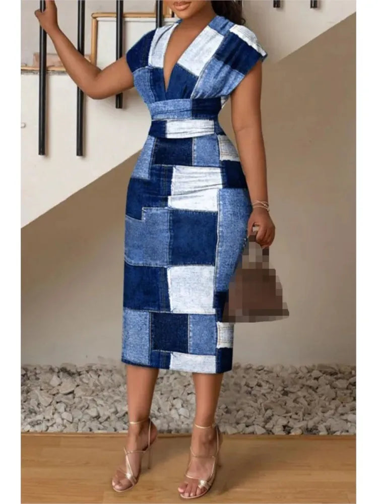 Women's V-Neck Slim Fit Printed Dresses