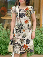 Vestido Floral Mujer Manga Corta Vintage Cuello Redondo