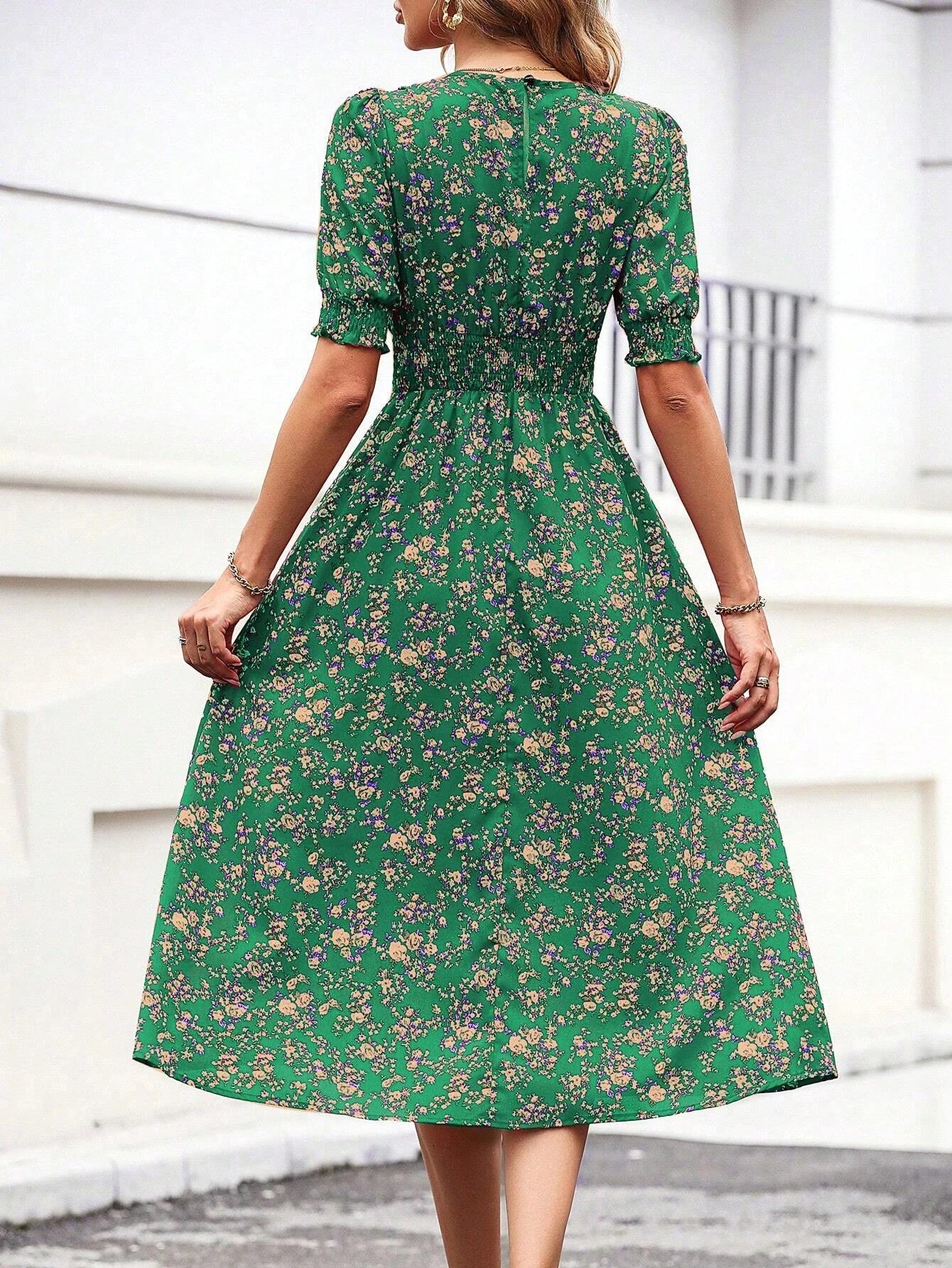 Boho Floral Puff Sleeve Round Neck Dress