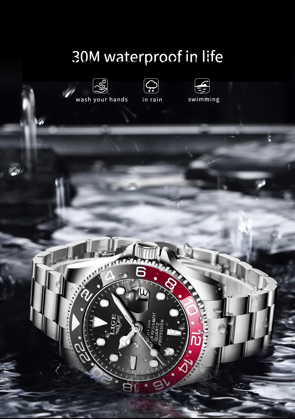 Montre LIGE LG10051 Acier Inoxydable Lumineuse et Résistante à l'Eau