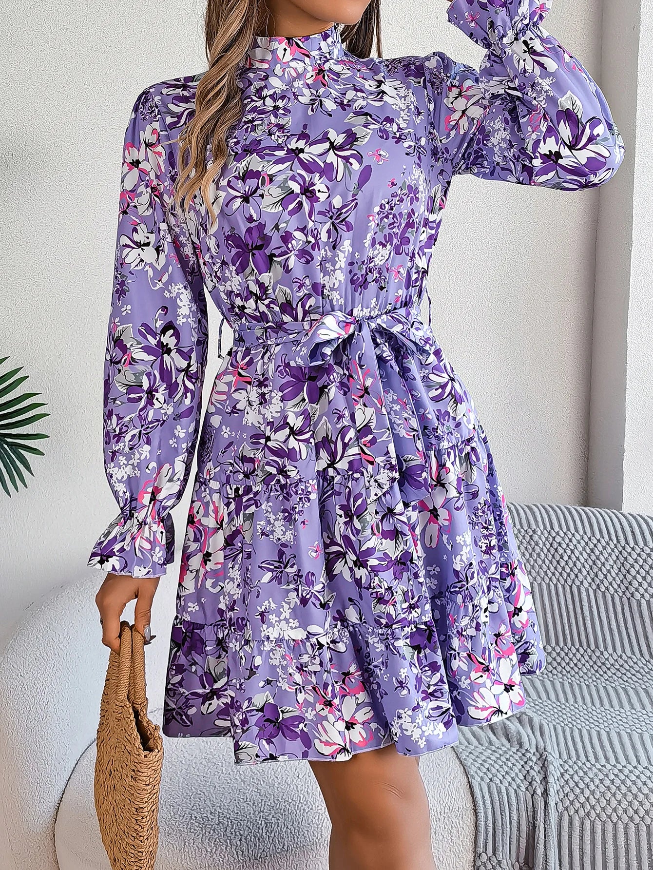 Elegant Floral High-Neck Dress with Belt