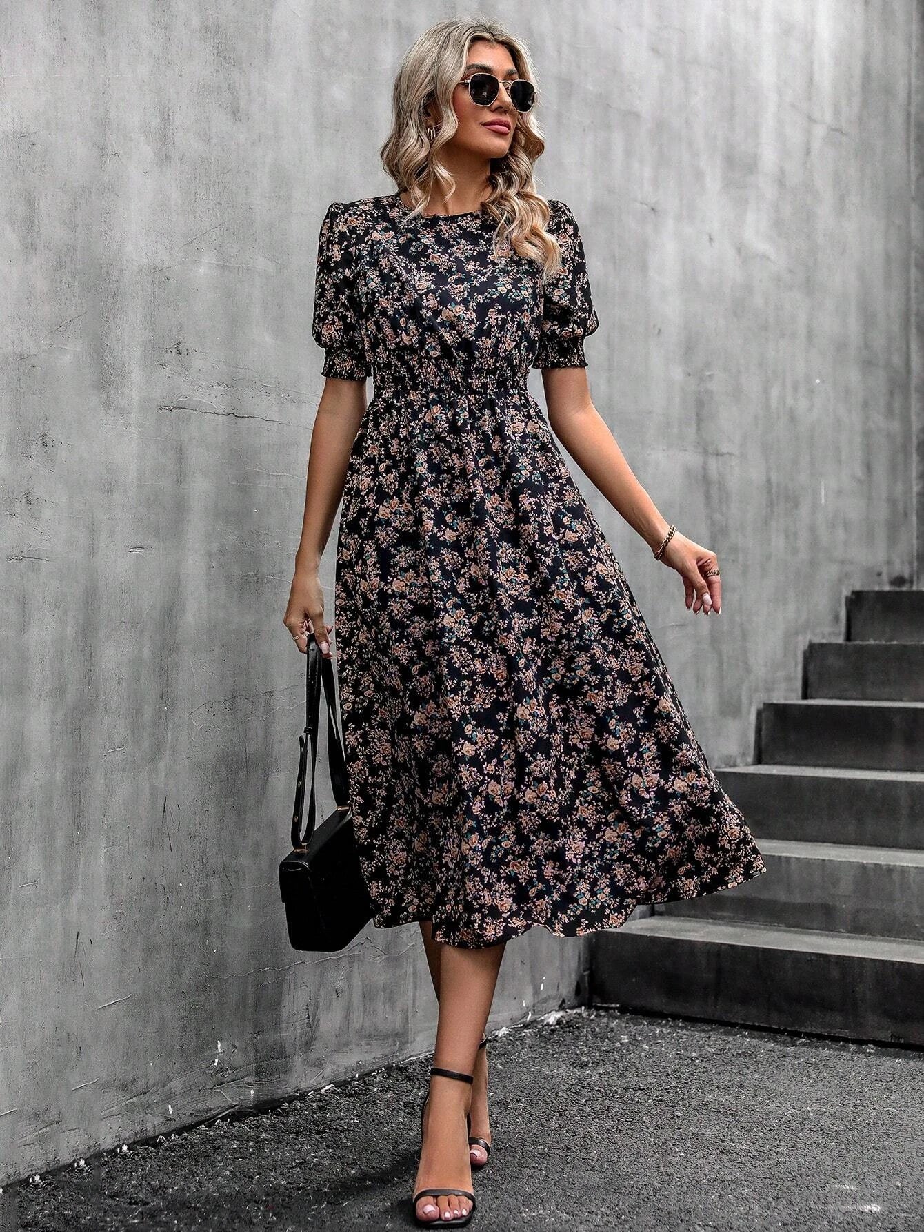 Boho Floral Puff Sleeve Round Neck Dress