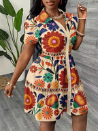 Robe chemise fleurie courte évasée à manches bouffantes