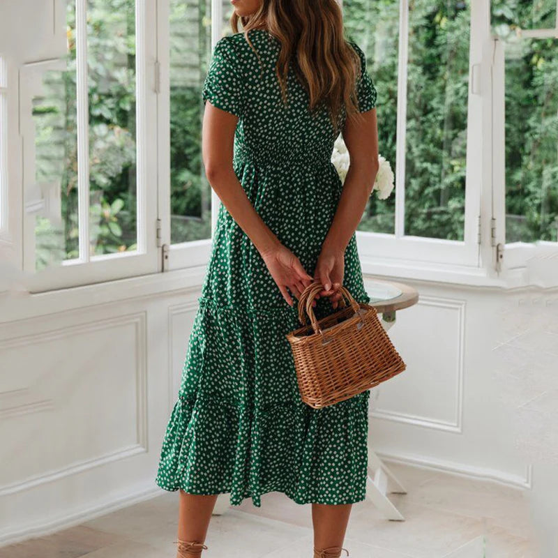 Vintage Floral Print Puff Sleeve Maxi Dress