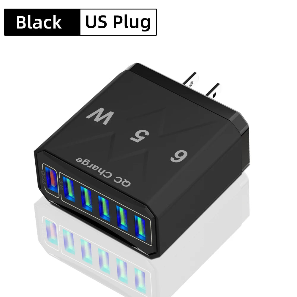 Cargador USB de 6 Puertos de Carga Rápida QC3.0 Para IPhone, Samsung, Xiaomi y Otros Dispositivos