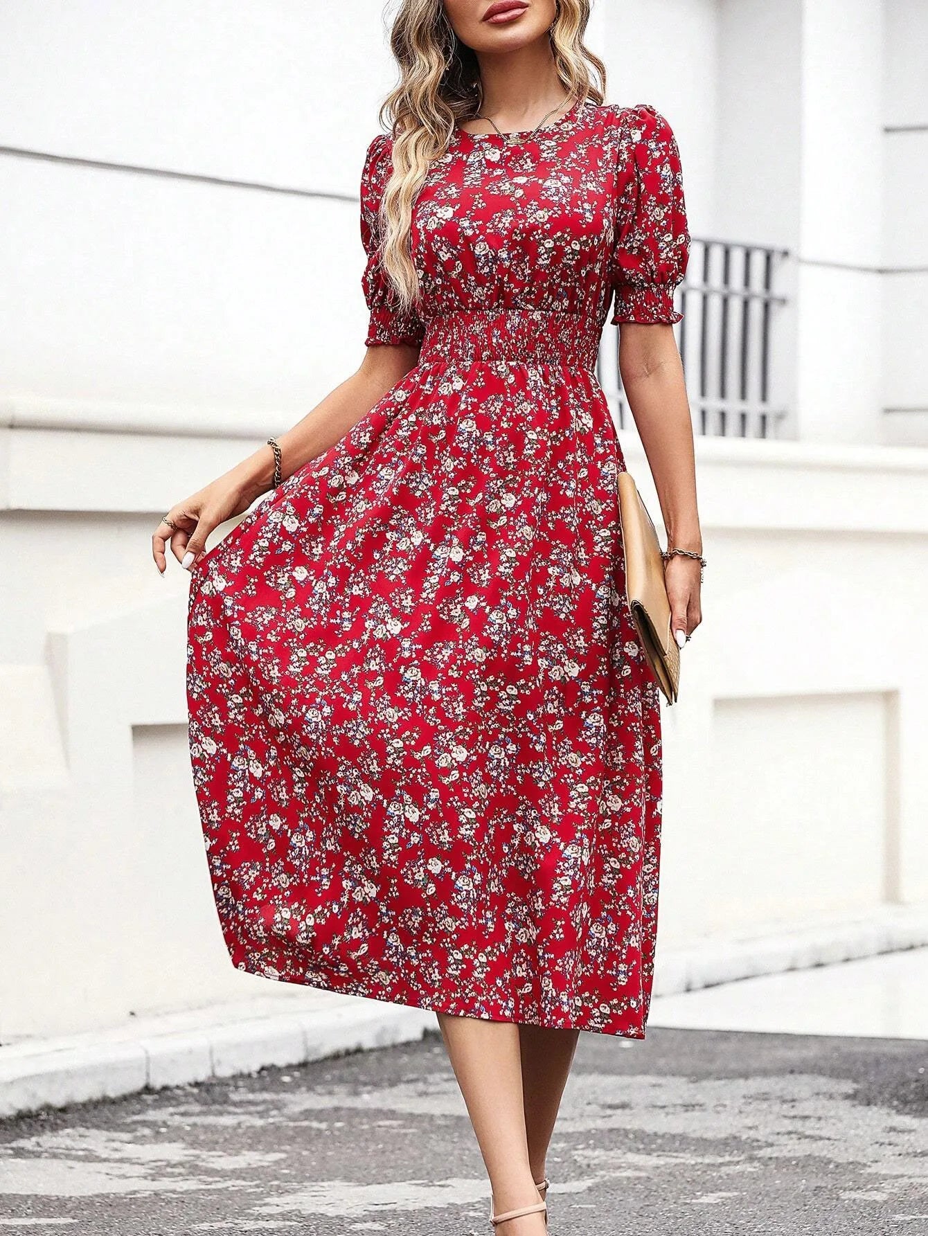 Boho Floral Puff Sleeve Round Neck Dress