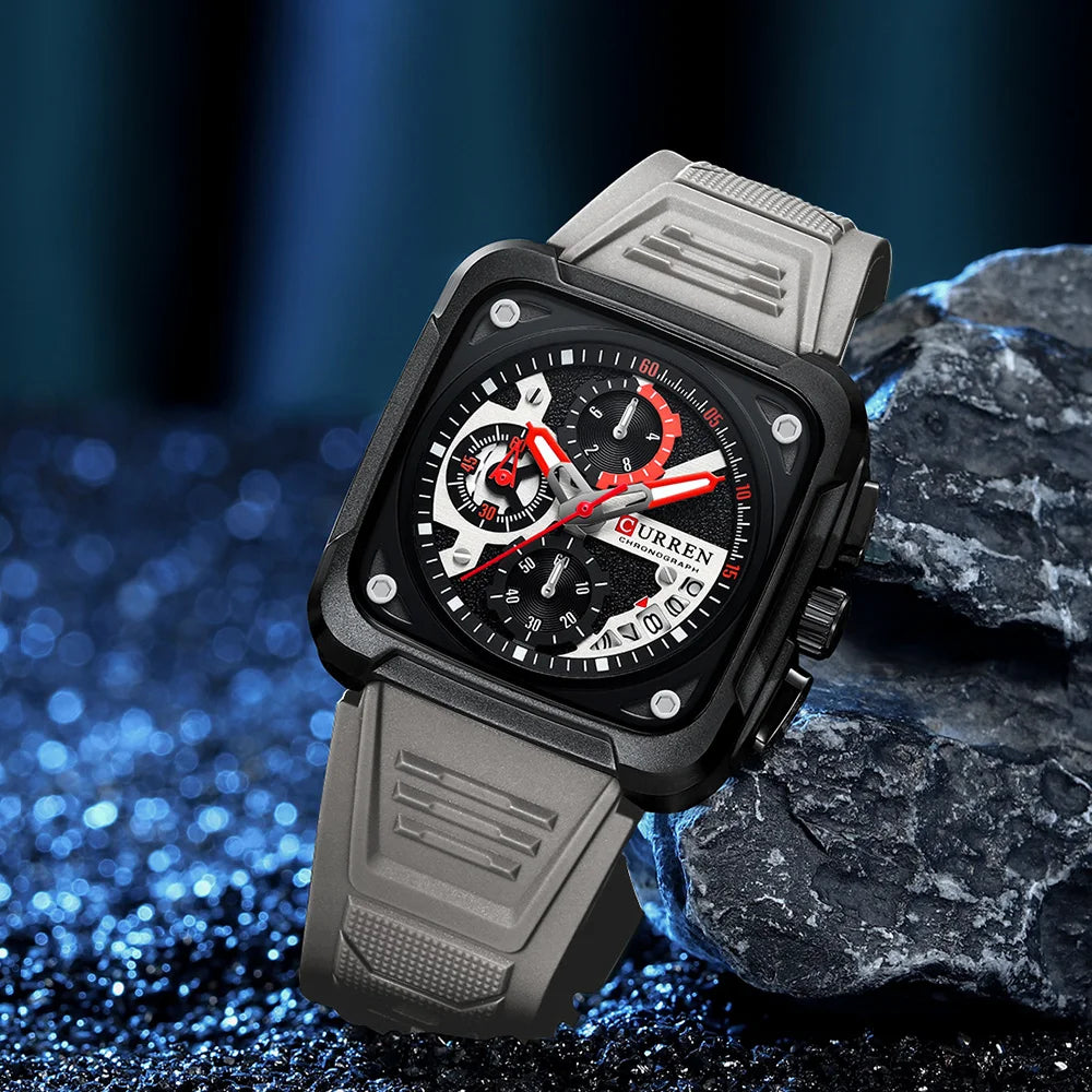 Reloj de Cuarzo CURREN 8461 Cuadrado Para Hombre con Cronógrafo, Correa de silicona