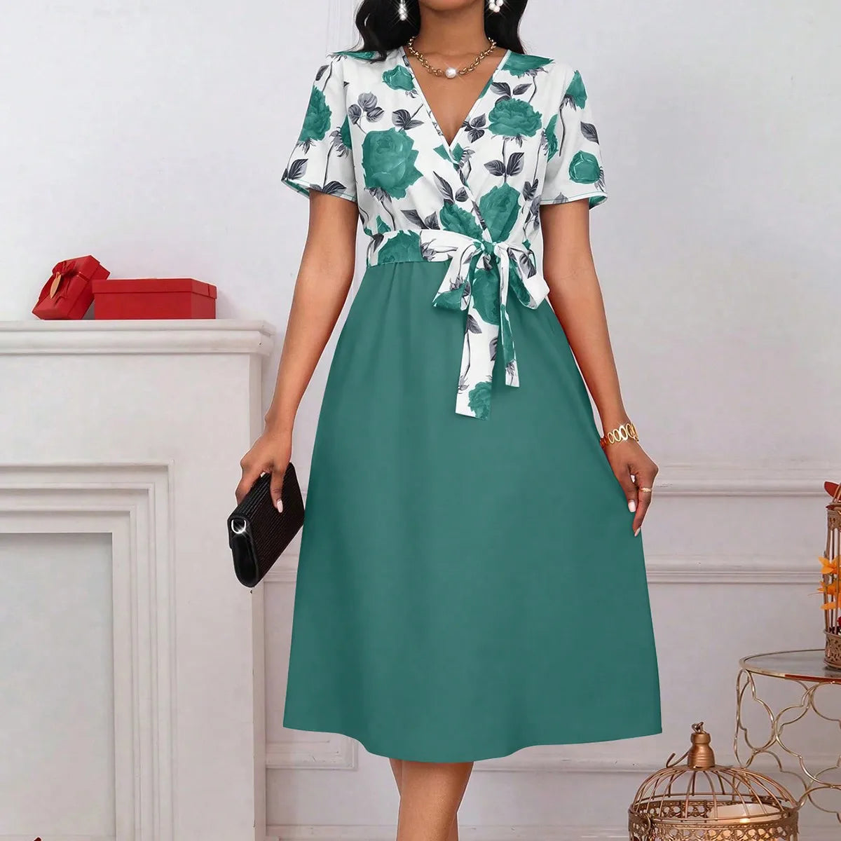 Floral V-Neck Knot-Waist Midi Dress /Casual /Wedding