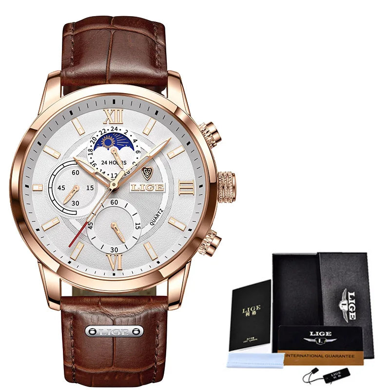 Reloj Hombre LIGE Lujo Cuarzo Cuero Deportivo Resistente al Agua