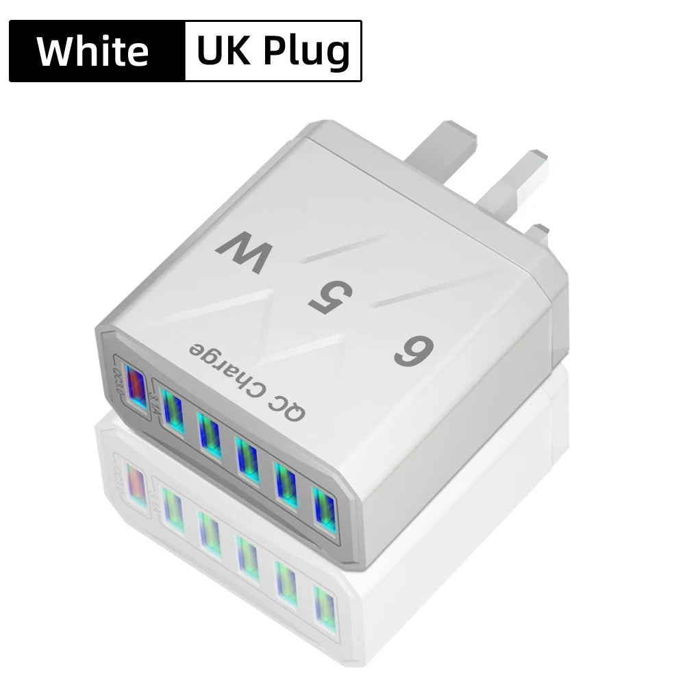 Cargador USB de 6 Puertos de Carga Rápida QC3.0 Para IPhone, Samsung, Xiaomi y Otros Dispositivos