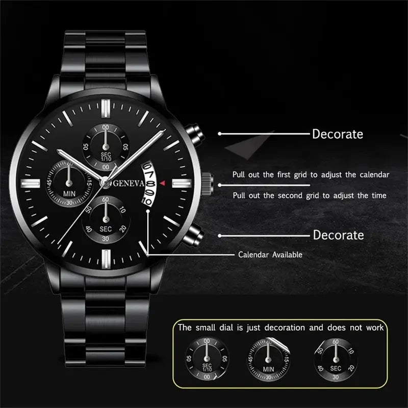 Luxury Black Quartz Stainless Steel Watch with Calendar
