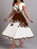 Robe pour femme grande taille florale à basque col en V avec fermeture éclair