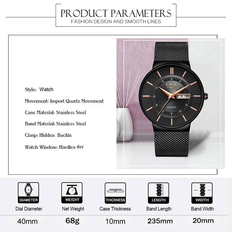 Montre LIGE LG9949 2026 pour homme en acier inoxydable / Décontractée et sportive