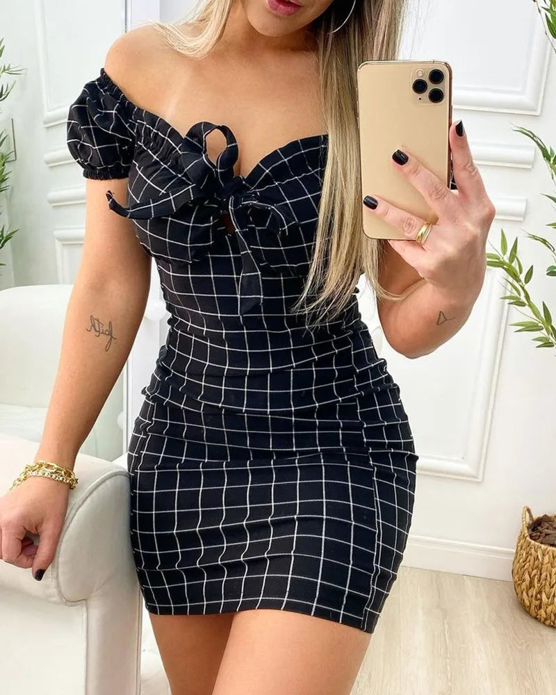 Sexy Fitted Plaid Wrap Mini Dress