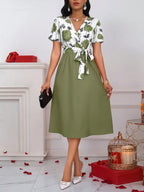 Robe Midi Florale Col V Ceinture Nouée /Décontracté /Mariage