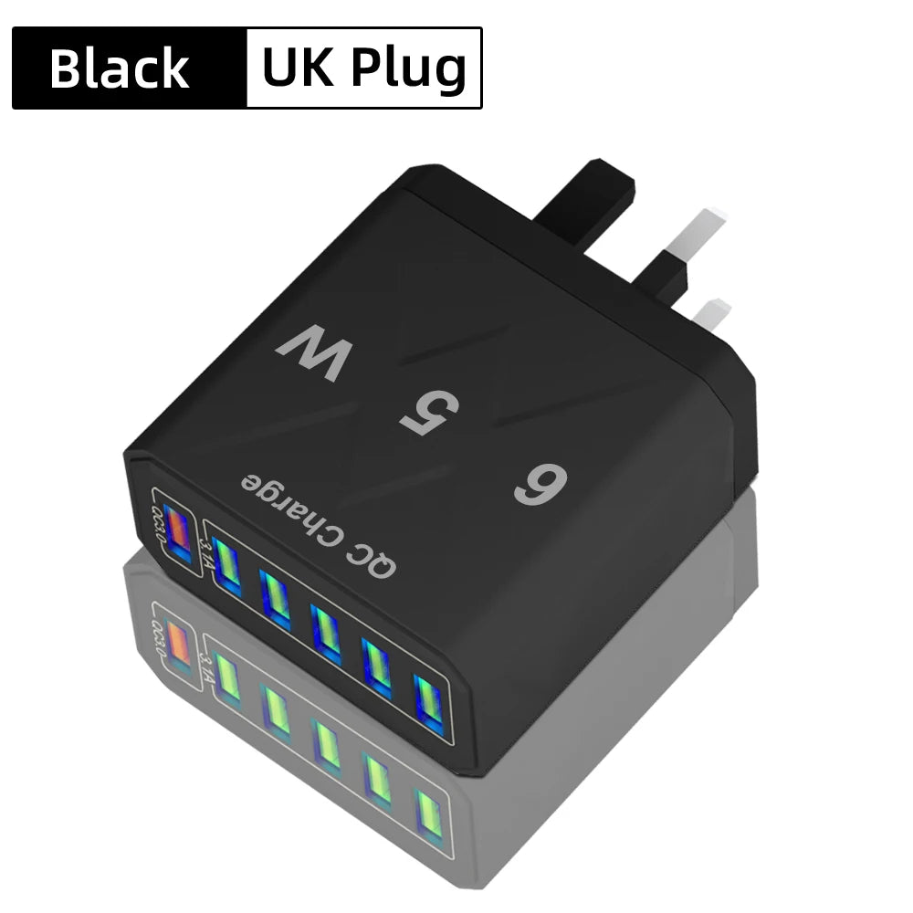 Cargador USB de 6 Puertos de Carga Rápida QC3.0 Para IPhone, Samsung, Xiaomi y Otros Dispositivos