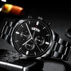 Montre à quartz noire en acier inoxydable de luxe avec calendrier