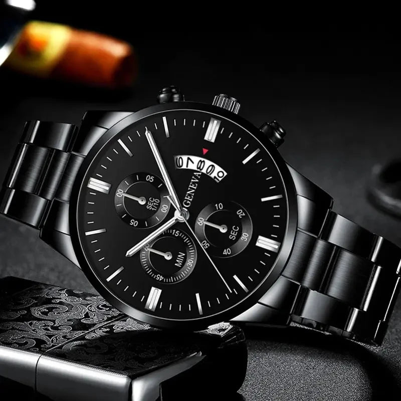Luxury Black Quartz Stainless Steel Watch with Calendar