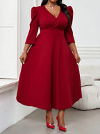 Robe Rouge Élégante Femme Grande Taille Manches 3/4