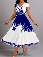 Robe pour femme grande taille florale à basque col en V avec fermeture éclair
