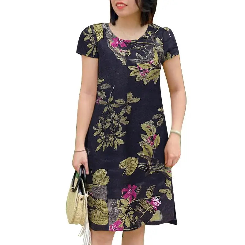 Vestido Floral Mujer Manga Corta Vintage Cuello Redondo