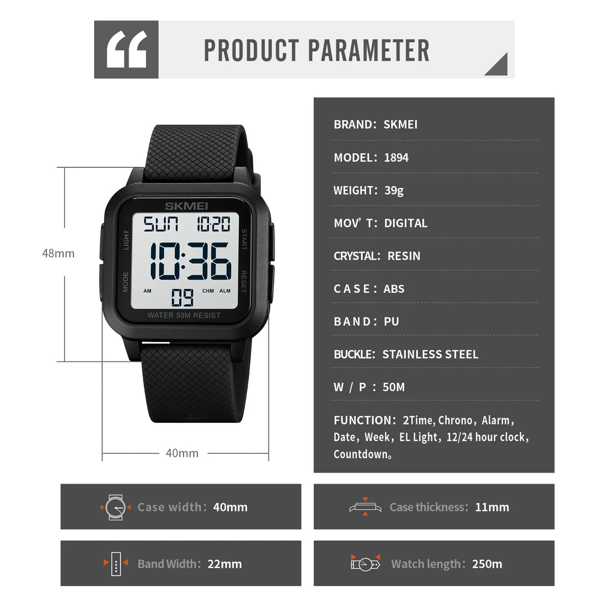 Reloj SKMEI 1894 Deportivo Digital Estilo Militar Para Hombre, Pantalla LED y Cierre de Hebilla