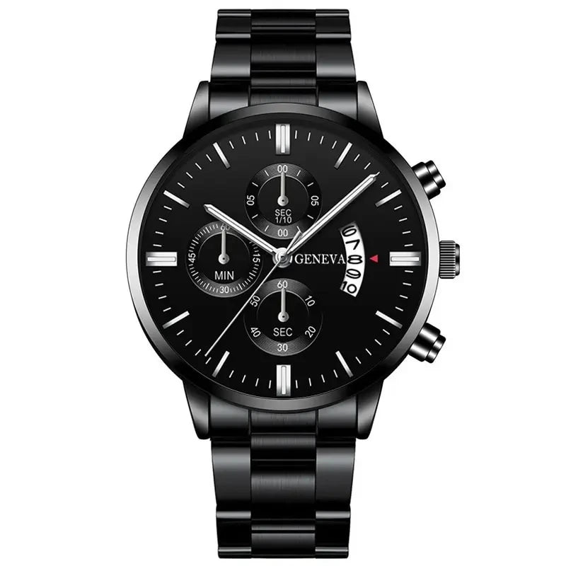 Luxury Black Quartz Stainless Steel Watch with Calendar