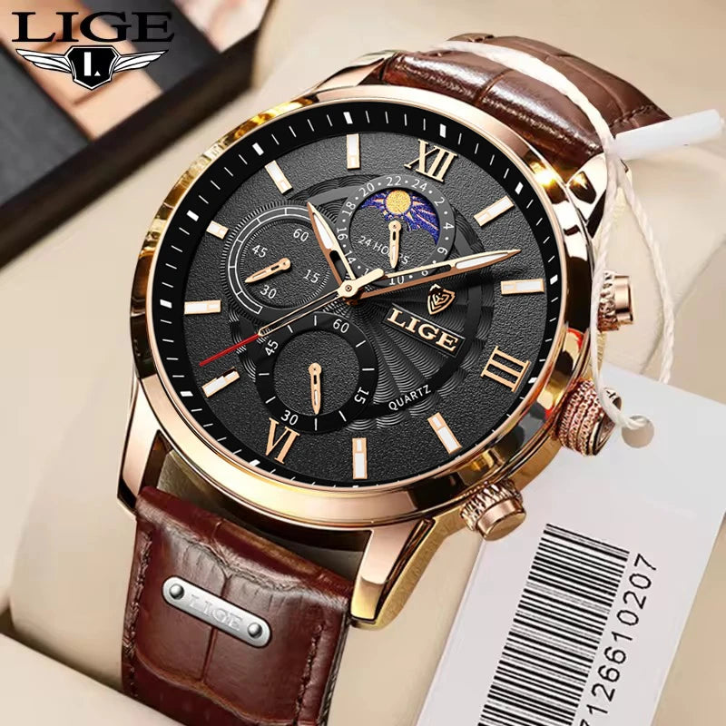 Reloj Hombre LIGE Lujo Cuarzo Cuero Deportivo Resistente al Agua