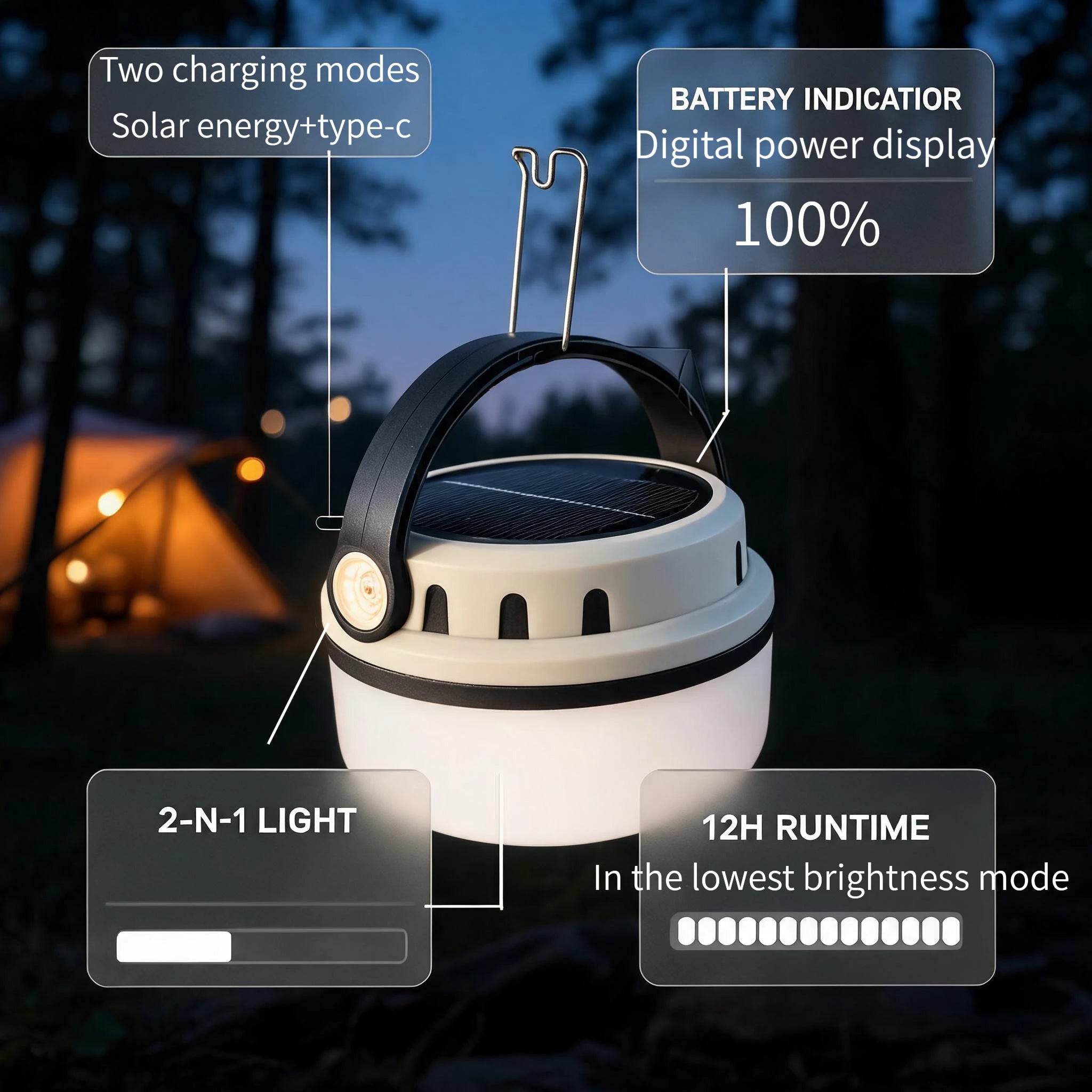 Lámpara Solar LED Portátil Para Camping  4 Modos de Luz
