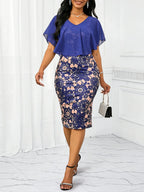 Robe midi élégante en mousseline fleurie moulante à volants pour femme