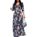 Vestido Maxi Mujer Talla Grande Estampado Manga 3/4 con Cinturón