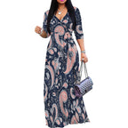 Robe longue femme grande taille imprimée manches 3/4 avec ceinture