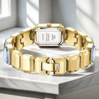 Montre-bracelet carrée dorée avec diamants pour femme