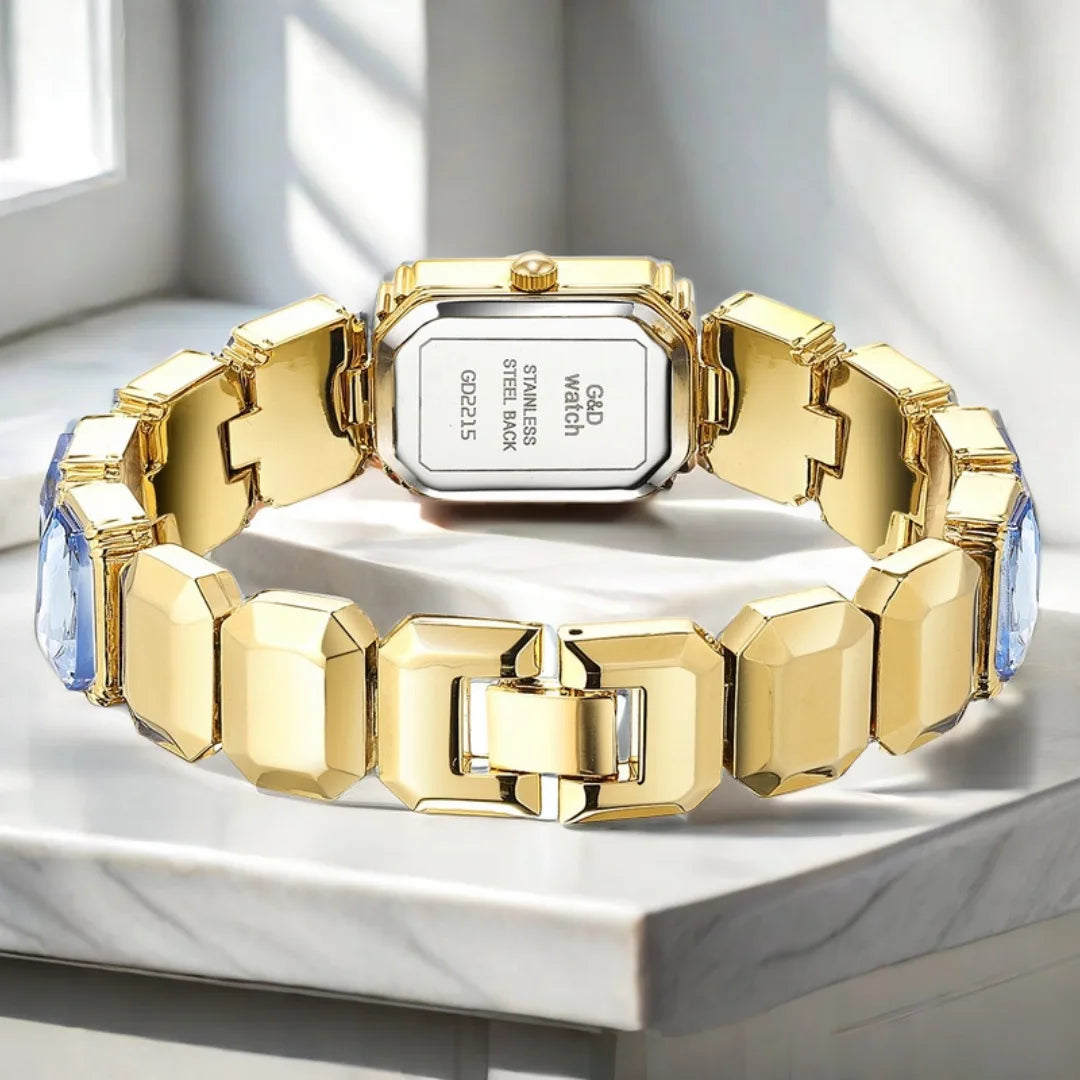 Reloj Pulsera Cuadrado Dorado con Diamantes para Dama