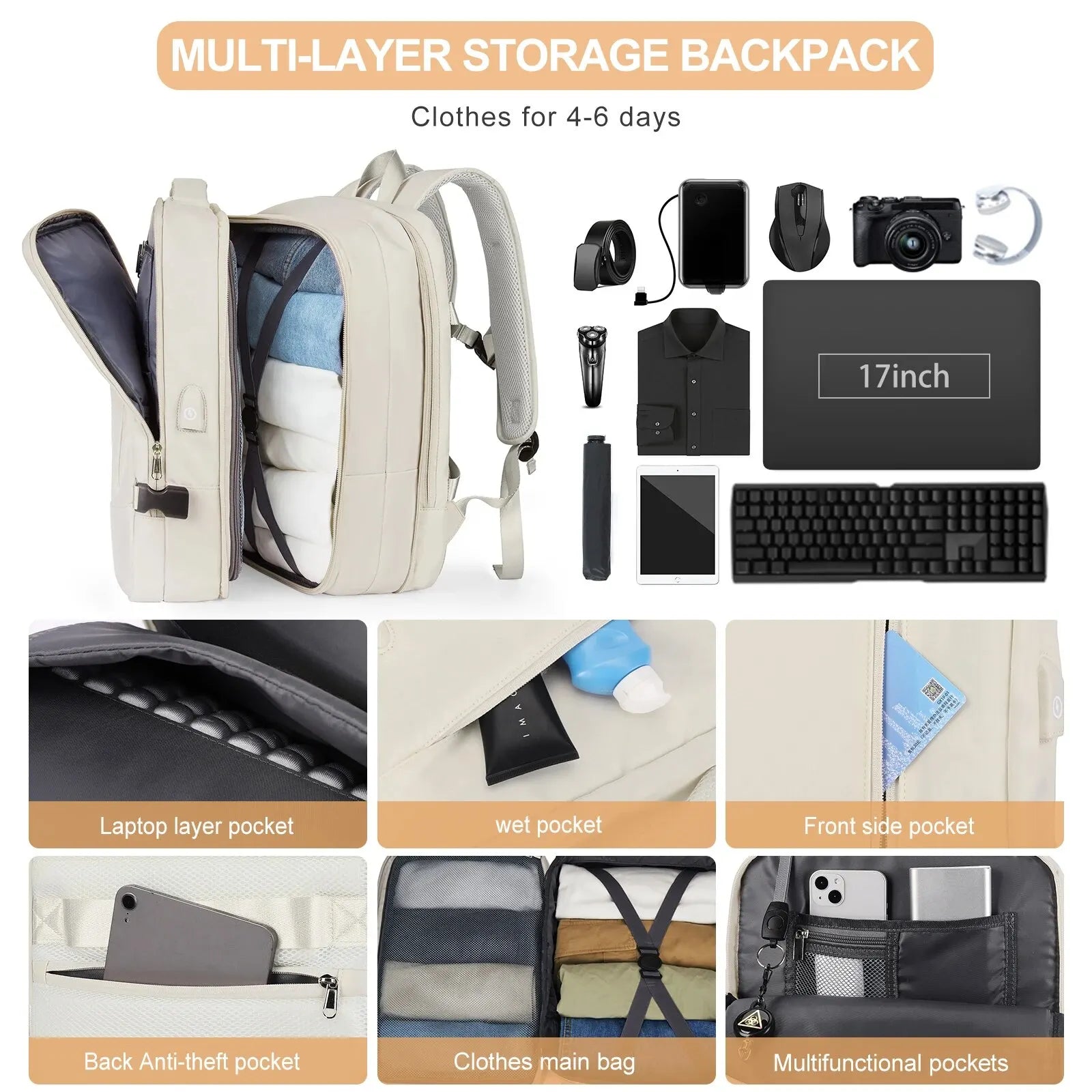 Mochila Likros Expandible 40L Impermeable Puerto USB