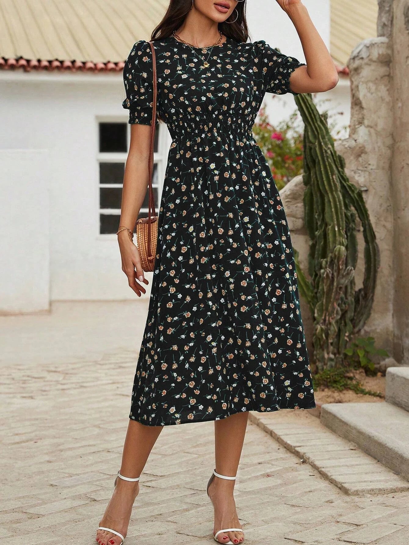 Boho Floral Puff Sleeve Round Neck Dress