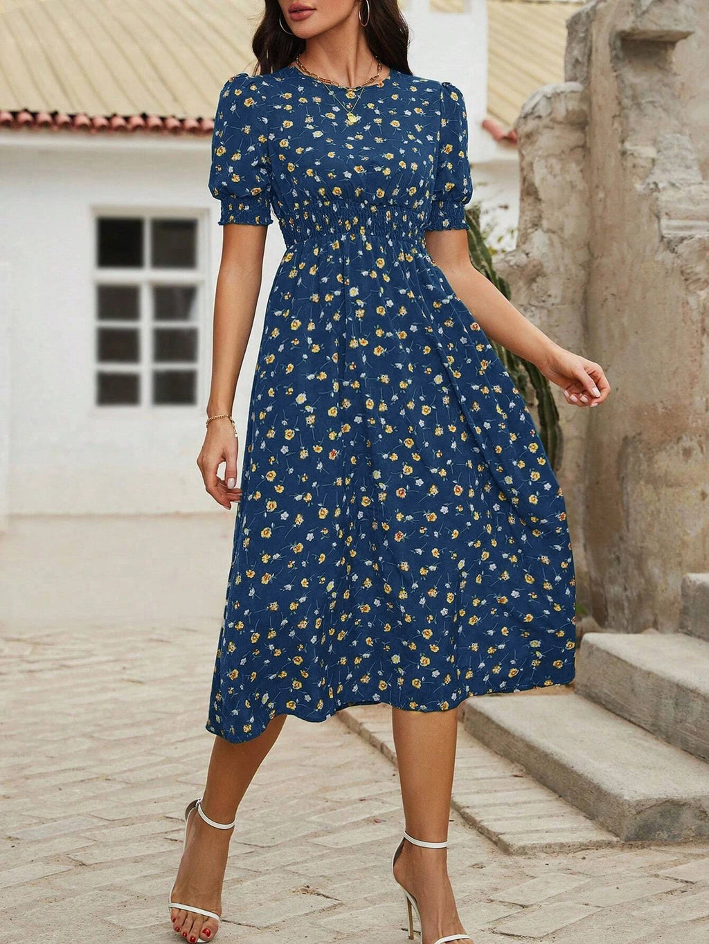 Vestido Floral Boho Manga Abullonada Cuello Redondo