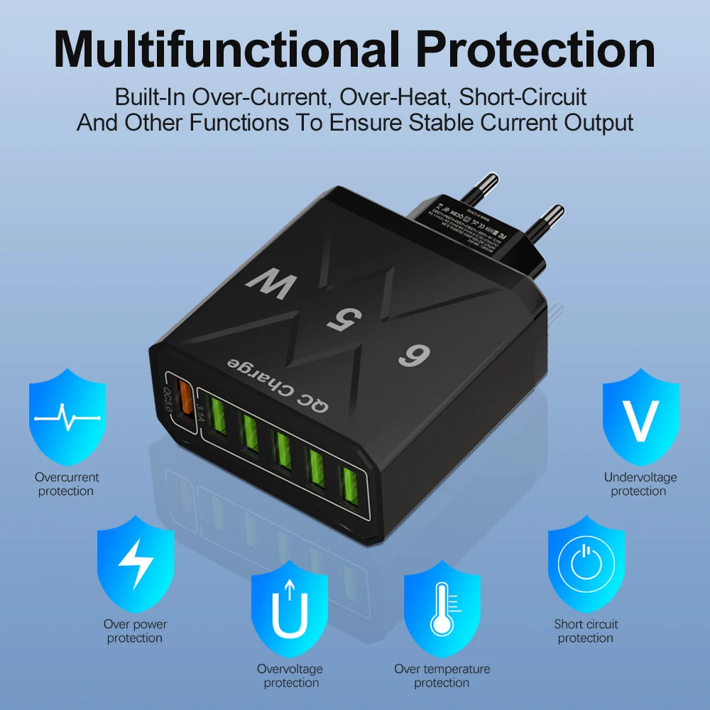 Cargador USB de 6 Puertos de Carga Rápida QC3.0 Para IPhone, Samsung, Xiaomi y Otros Dispositivos