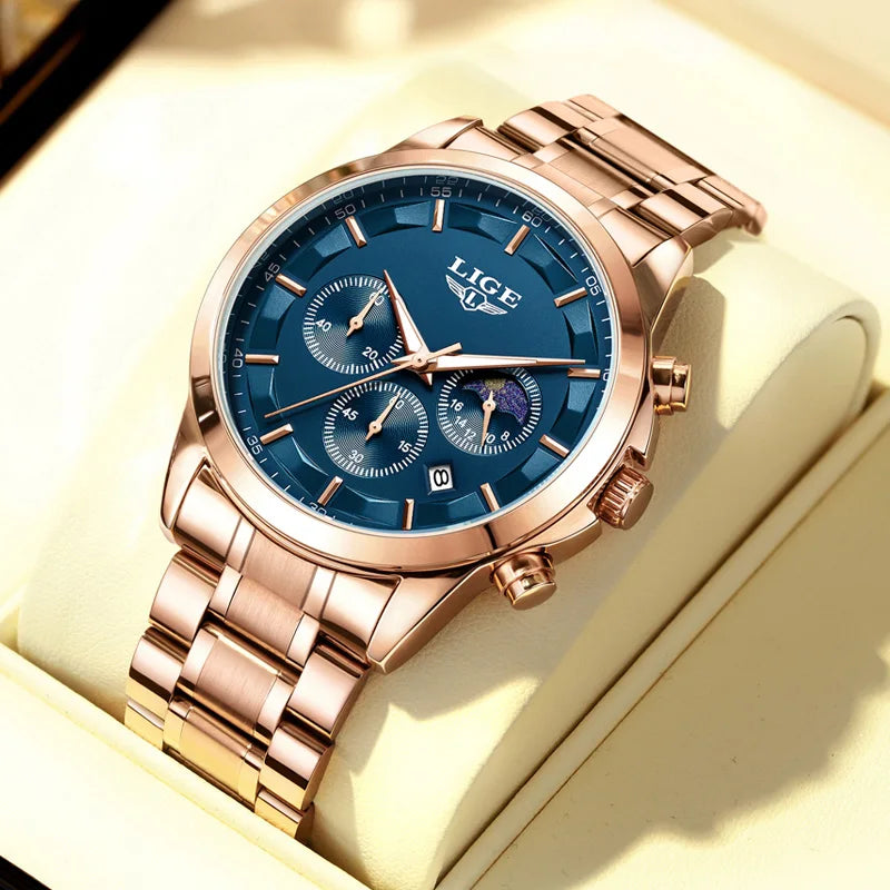 Reloj Hombre LIGE Negocios Cuarzo Cronógrafo Luminoso 3ATM + Caja Regalo