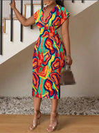 Robes Femme Col en V Ajustées Imprimées