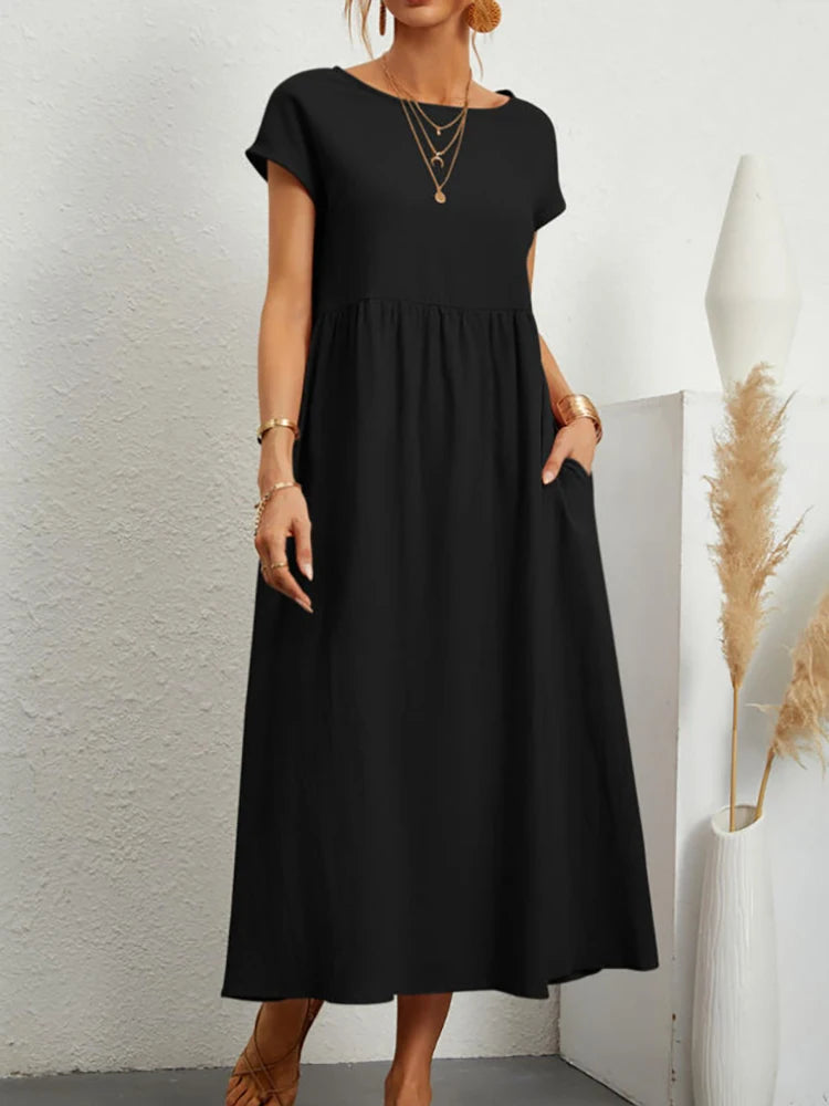 Elegant Short Sleeve Round Neck Maxi Dress