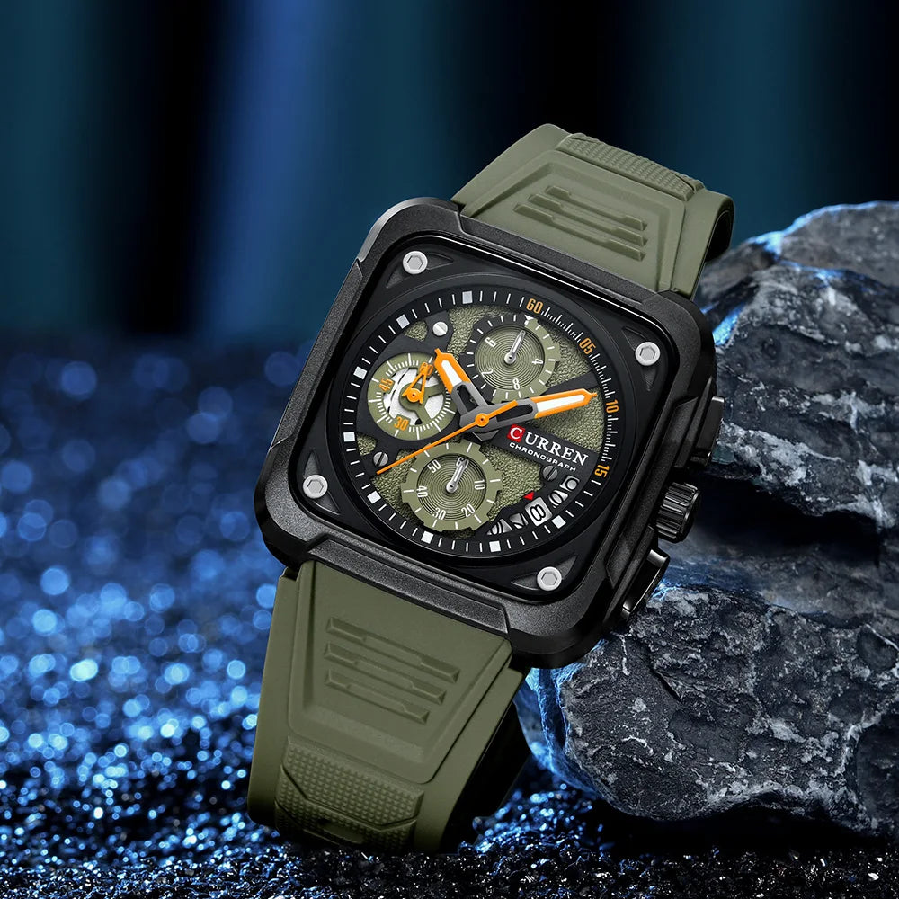 Reloj de Cuarzo CURREN 8461 Cuadrado Para Hombre con Cronógrafo, Correa de silicona