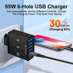 Cargador USB de 6 Puertos de Carga Rápida QC3.0 Para IPhone, Samsung, Xiaomi y Otros Dispositivos