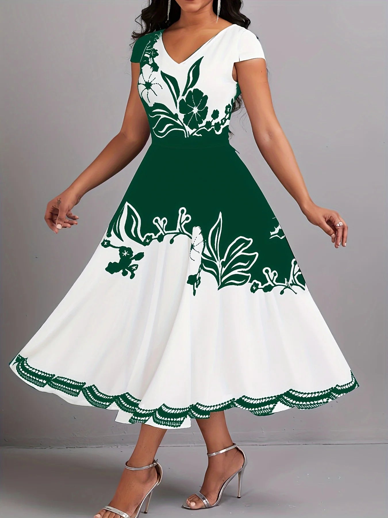 Vestido Mujer Talla Grande Floral Peplum Cuello V Cierre Cremallera