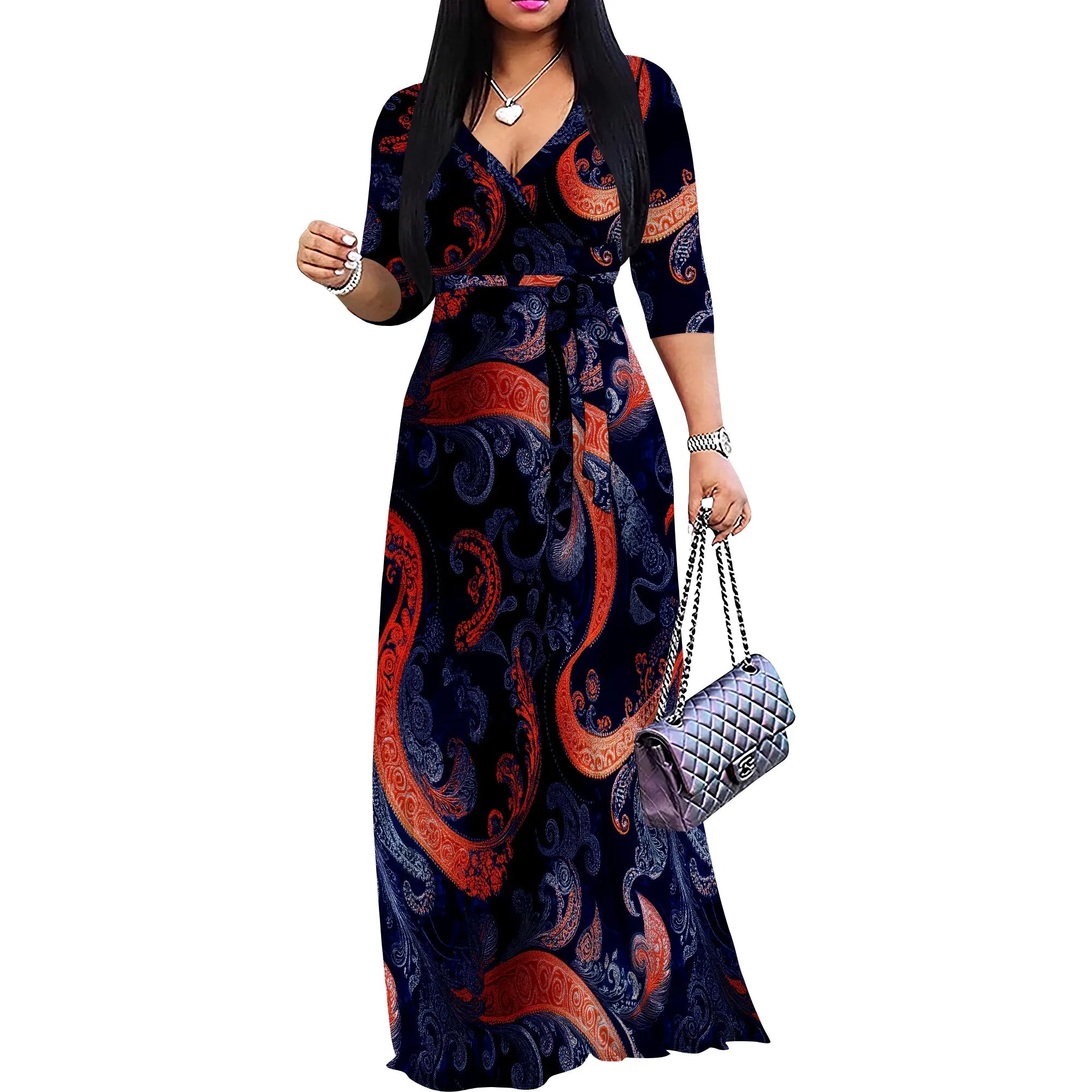Vestido Maxi Mujer Talla Grande Estampado Manga 3/4 con Cinturón